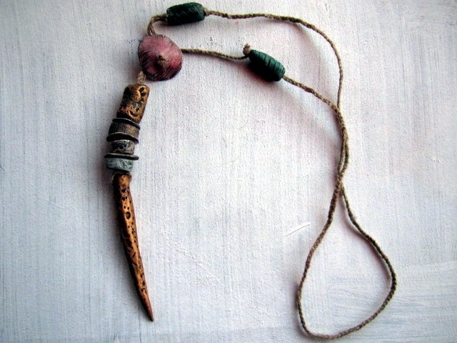 Long Gold Tribal Necklace Handmade with Hemp and Ceramic Beads