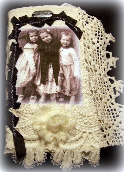 Fabric Journal, LIVE LIFE, Lace pages, Memory Book, Sister Gift, new Mom, Paris script fabric, sisters