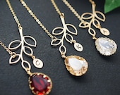 10% OFF SET of 5 Wedding Personalized Necklace Bridesmaid Gift Simple Leaf with Swarovski Tear drop and initial leaf charm Necklace