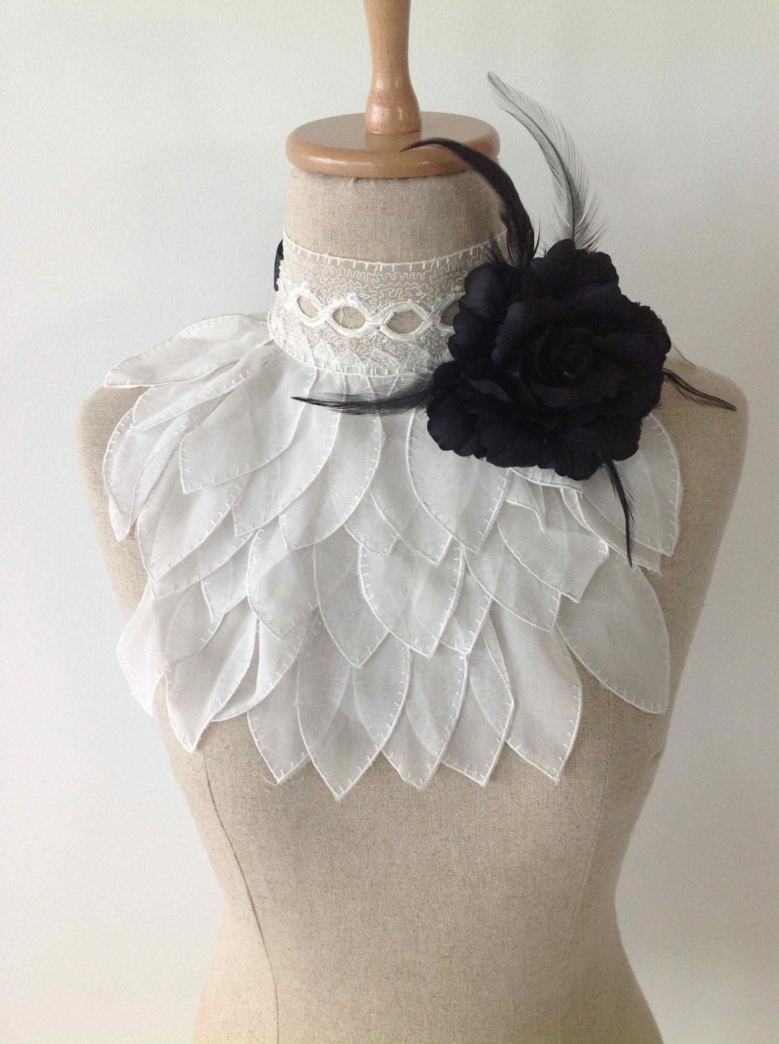 White Petals Lace Couture Necklace with Black Flower & Pearls - As featured in Fashion Week 2013