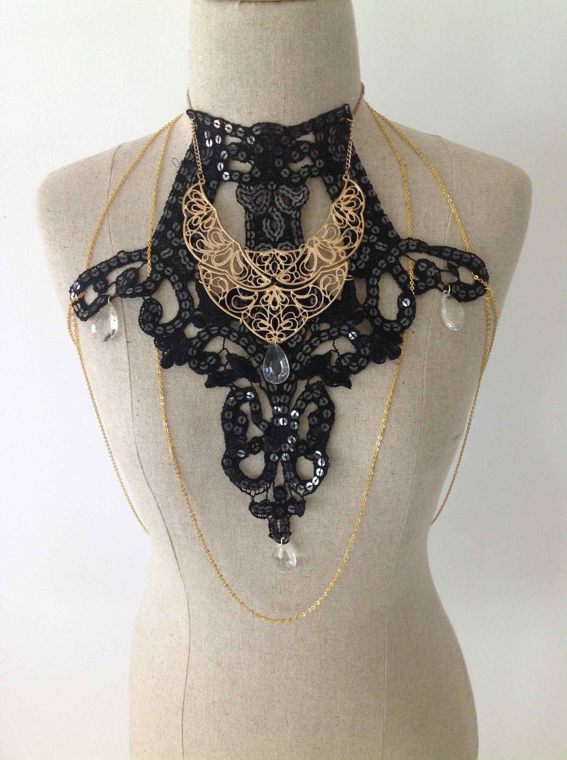 Black and Gold Chandelier Statement Bib Necklace - As featured in Fashion Week 2013