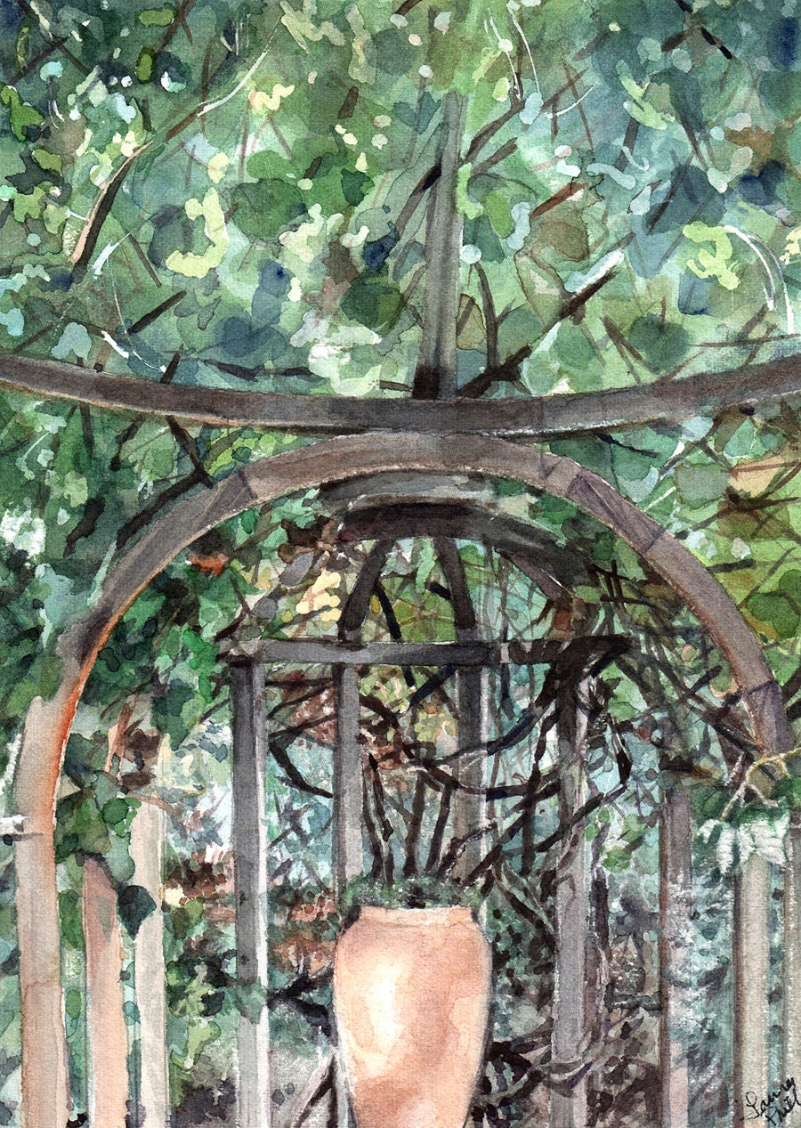 Gazebo Watercolor Reproduction Print-Terracotta Vase Summer Garden- Realistic Landscape- 7x10