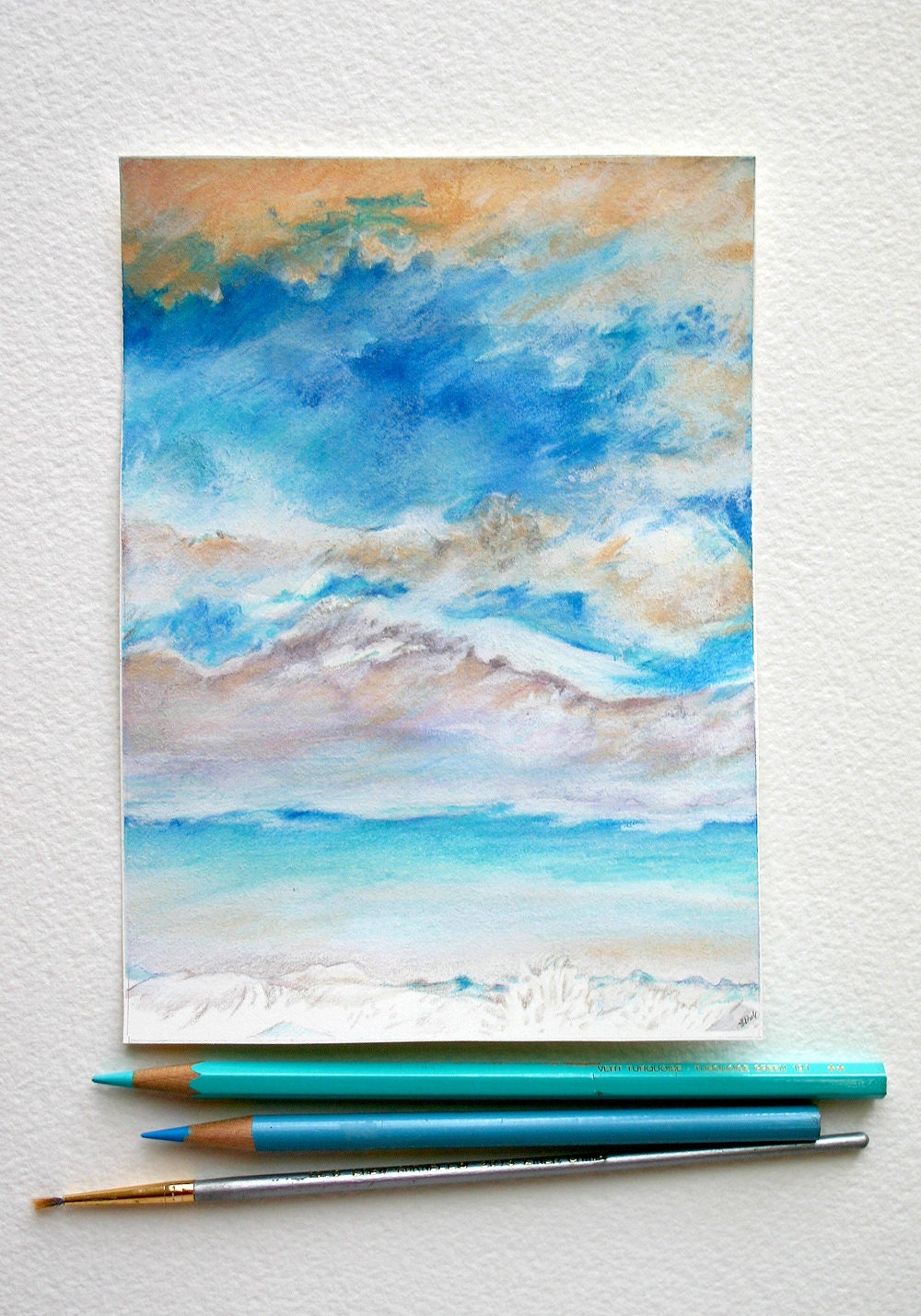 Turquoise White Clouds Drawing- Original Cloud Blue Sky Art- 5x7- Inverted Watercolor- Boulder Colorado