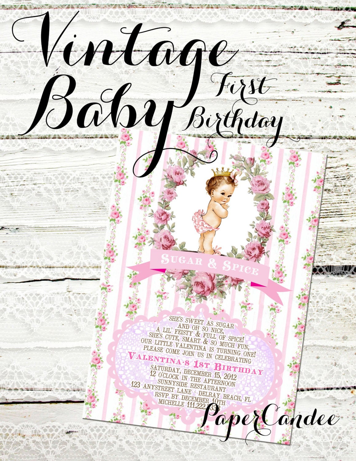 VIntage Baby's First Birthday - Sugar and Spice - Shabby Chic Invitation - by PaperCandee
