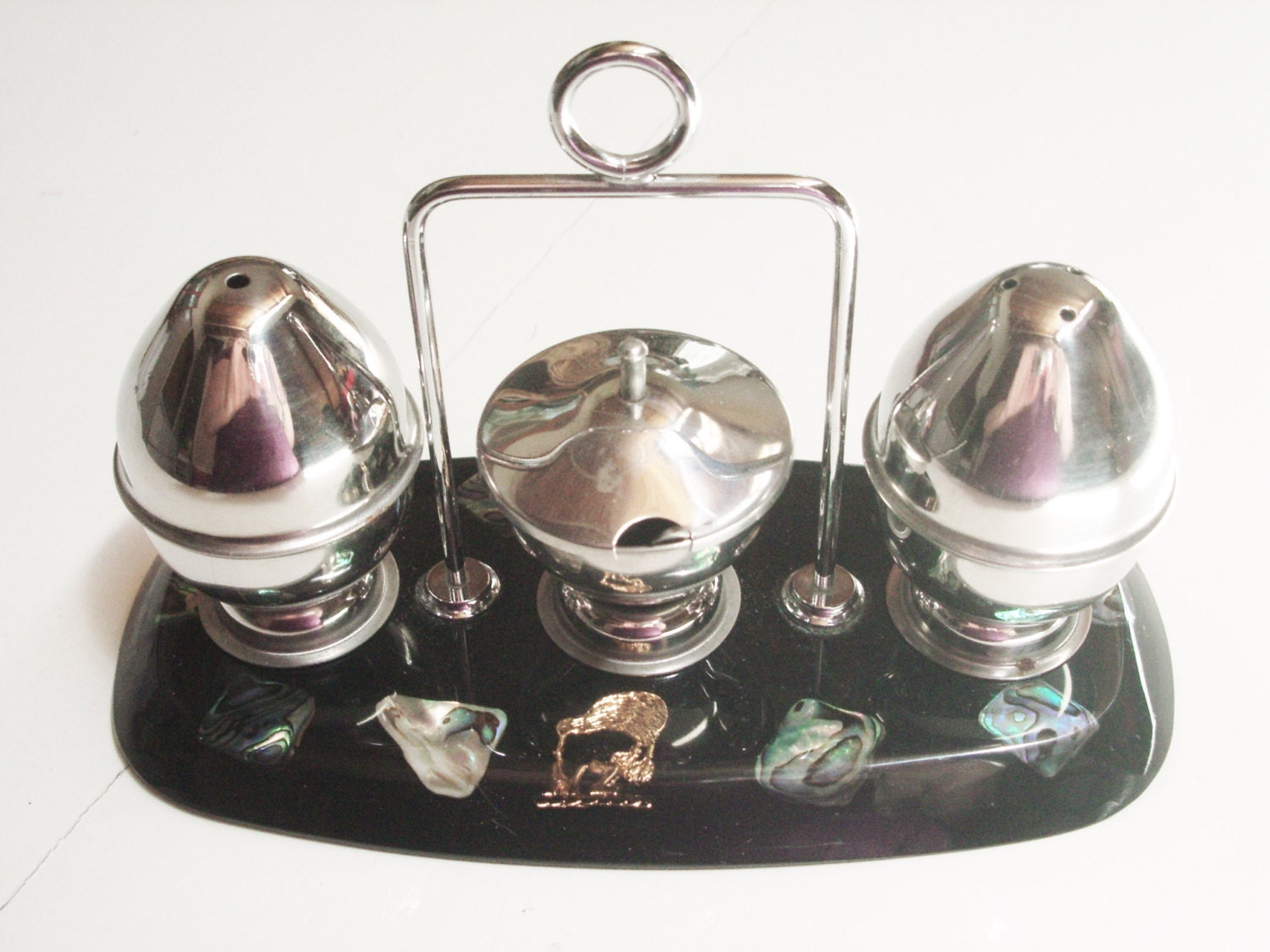 Vintage New Zealand Souvenir Salt & Pepper Shakers. Mustard Container with Spoon. Surrounded  with Paua specimans