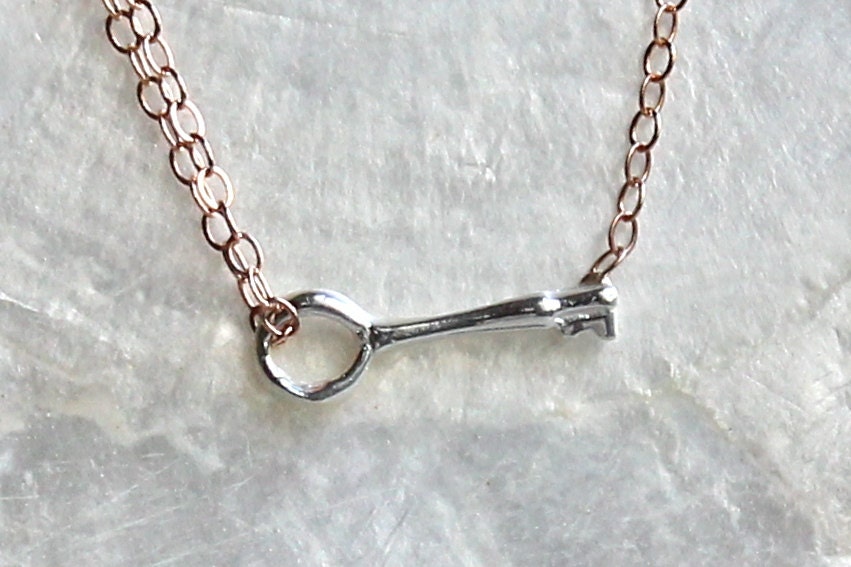 Key to Happiness Sideways Key Necklace of Fine Silver and Sterling Silver, 14kt Yellow Gold Fill, or 14kt Rose Gold Fill - Eco Friendly