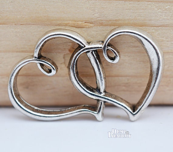 Heart Charm, Connectors, 5 pcs, Heart Links, Heart, Silver Metal Hearts