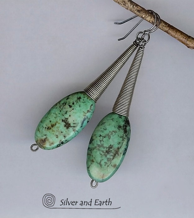 African Turquoise Dangle Earrings, Exotic Bohemian Tribal Stone Jewelry, Earthy Natural Stone Beadwork Earrings, Eco Friendly Jewelry