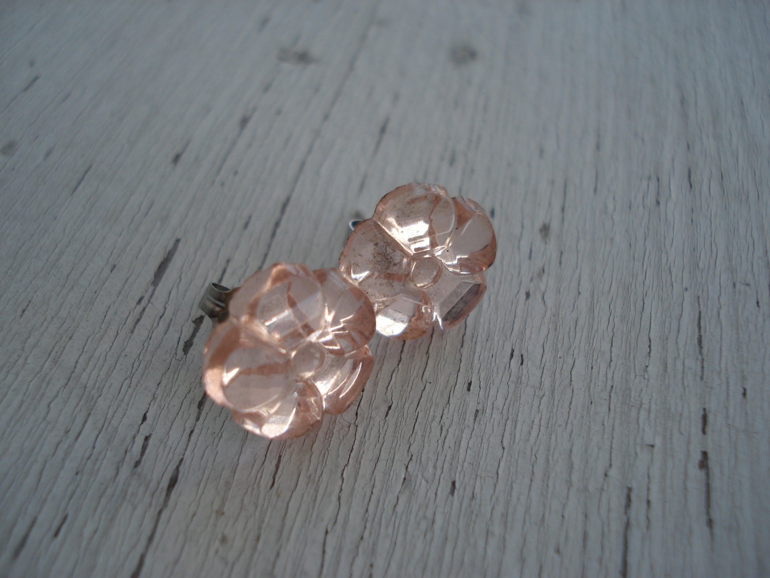 Vintage Antique 1920's Peach Pink Glass Gold Pierced Earrings Flowers