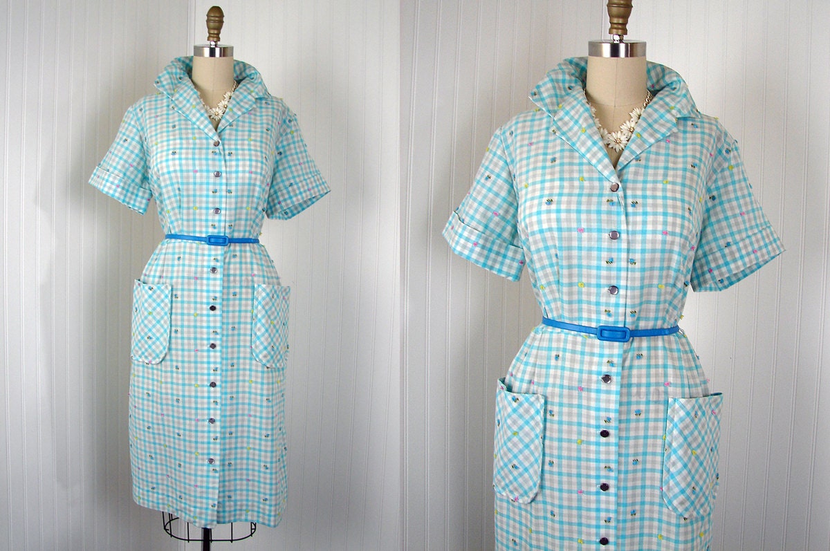 1950s Dress - Vintage 50s 60s Dress - Blue White Gingham Embroidered Day House XL XXL - The Smartsetter