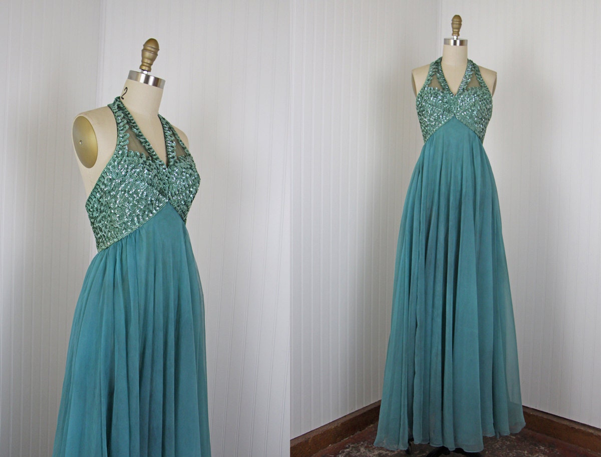1960s Dress - Vintage 60s Gown - Designer Halter Chiffon Sequins Evening Party XS - Note from a Mermaid
