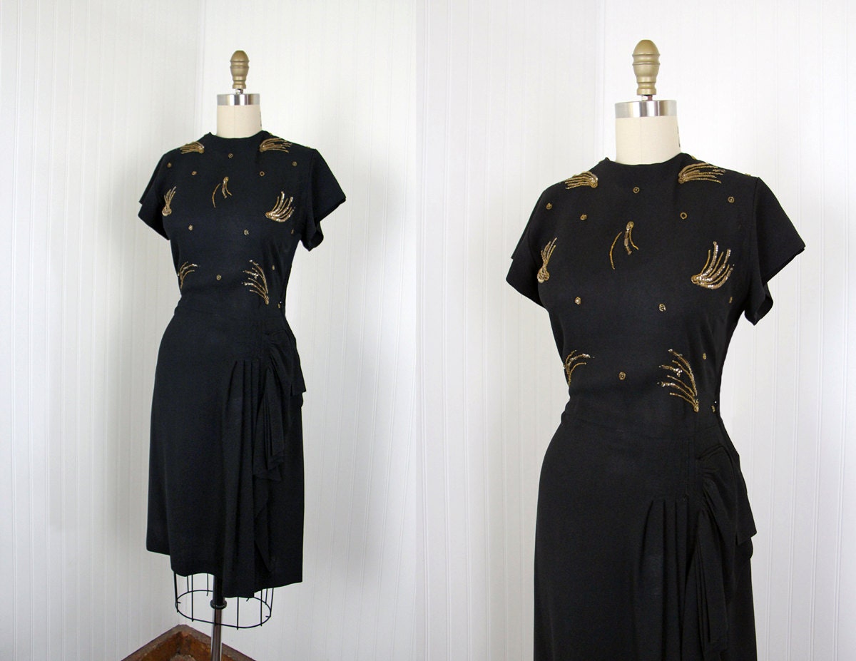 1940s Dress - Vintage 40s Dress - Black Rayon Novelty Beaded Sarong Draped S M - Shooting Stars