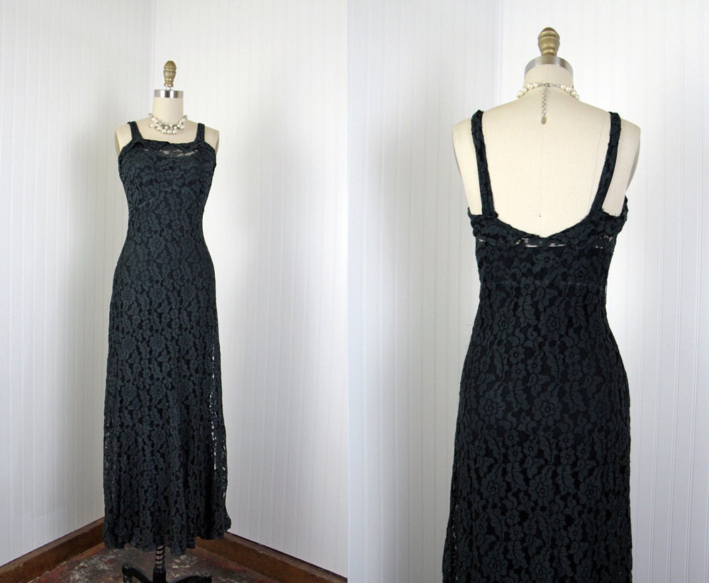 1930s Dress - Vintage 30s Dress and Slip - Black Lace Bias Cut Old Hollywood Gown - Muse at Twilight