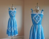 1960s Dress - Vintage 60s 70s Mexican Dress - Turquoise Embroidered Cotton Sundress S M - Preciosa