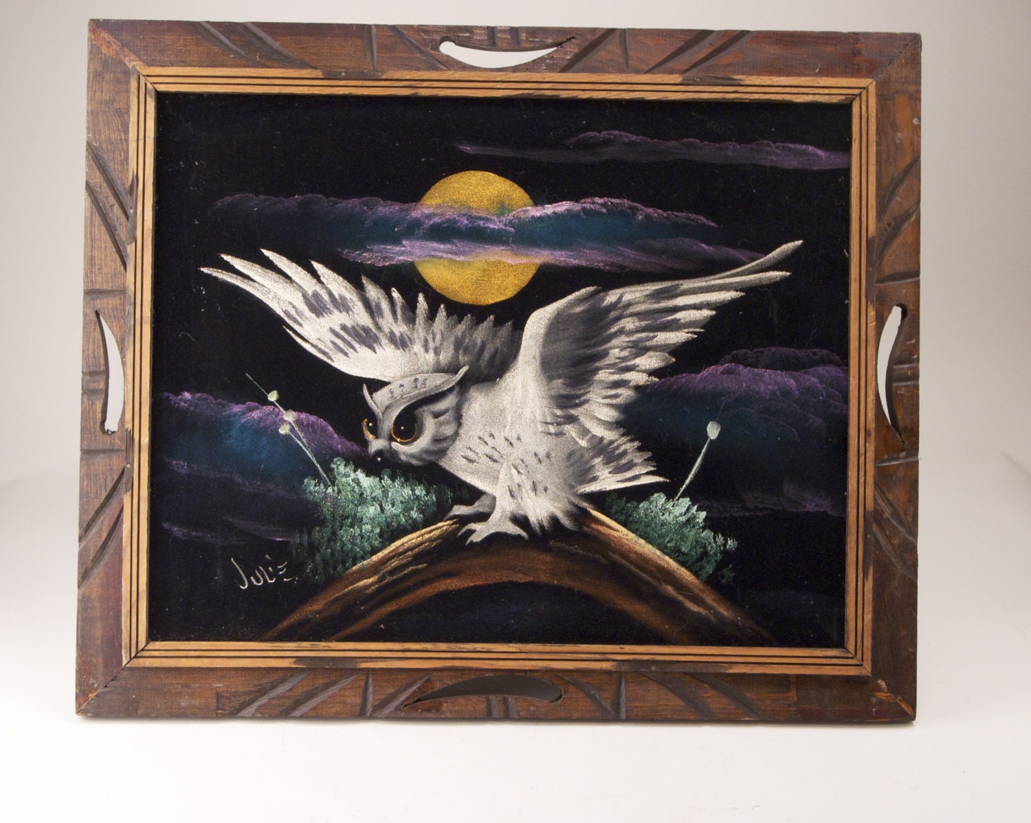 Vintage Midcentury  Velvet Owl Painting