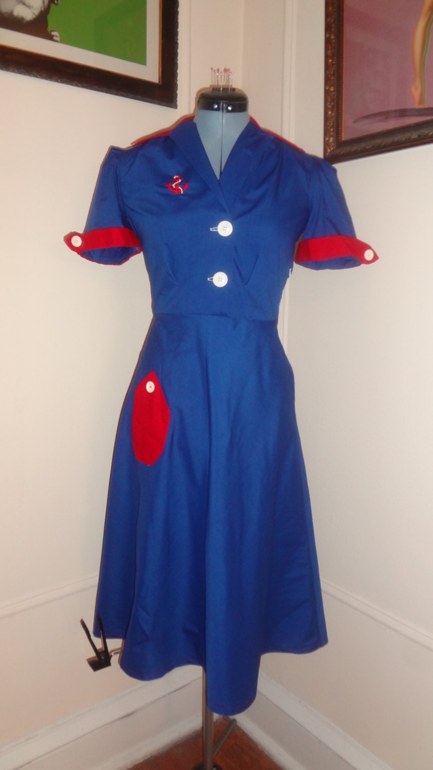 Handmade Dress from 1940s pattern, Size US 10, Nautical Sailor