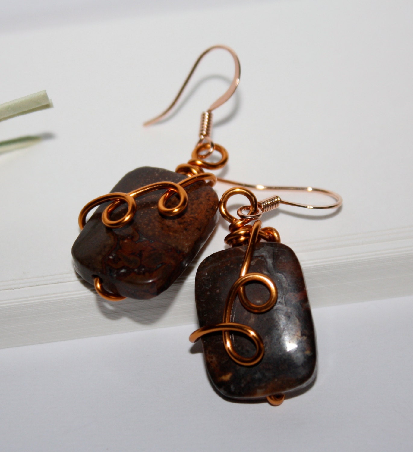 Wire Wrapped Jasper Gemstone Earrings Dark Brown Retangular Stone Non-Tarnish Copper Wire Rose Plated Ear Wires For Her Dangle