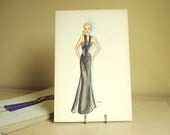 Hand-drawn 1948 fashion illustration, Black Dinner Gown, original watercolor & ink