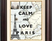 Keep calm and love Paris  Print, Keep calm posters, on old map of Europe, old car map art print, wall hangings, home decor, fantasy