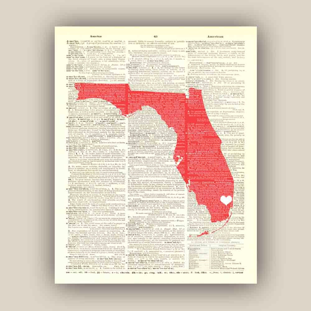 Florida State Map Art Print, on old dictionary page 11x14 Print, customizable hearted city, map wall art, decorative arts,
