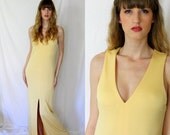 Butter Yellow Long Evening Dress - Bill Blass - Floor Length - 1970s - Vintage - Body Con - Maxi Women - Small 6 or 8