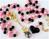 Fairy Tail Zodiac Necklace, Virgo Key Pendant, Black and Pink Beading in Gold - Anime, Cosplay