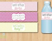 Chevron Water Bottle Labels - Bright & FUN Colors - Printable Digital Labels