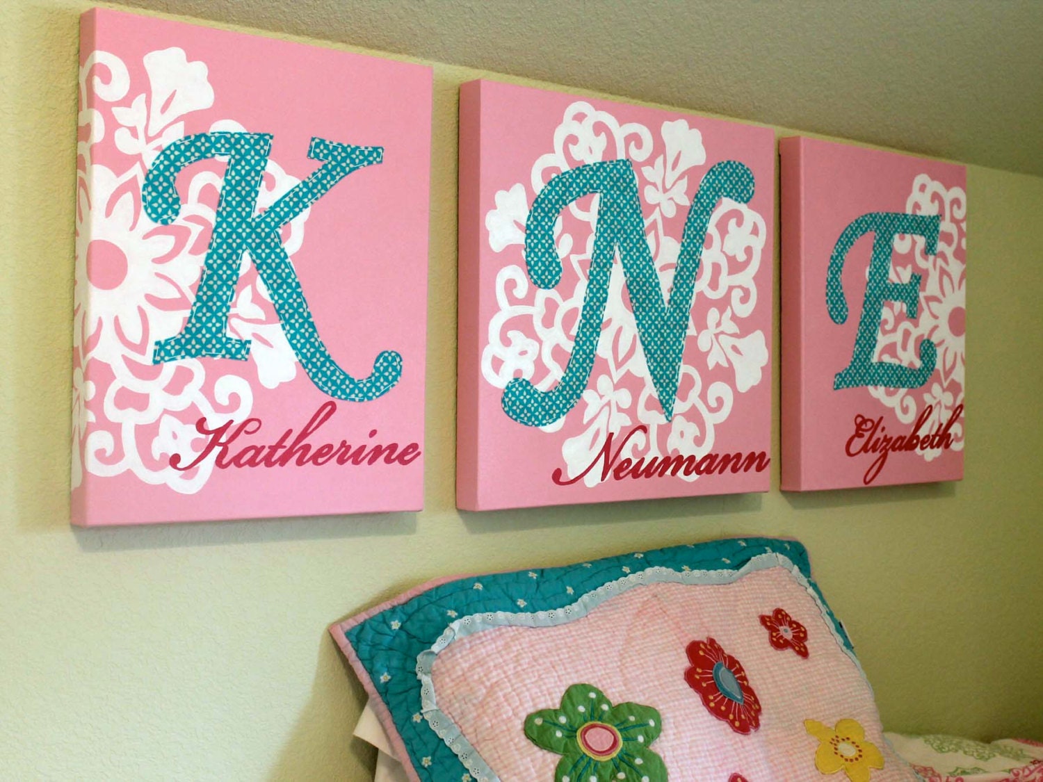 Canvas Children's Initials Wall Art - 46 x 18 Total Size - Personalized Original Painting With Hand-Stitched Fabric