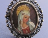Antique Religious Brooch Virgin Mary With Crown Hand Painted Miniature in 800 Silver Pendant