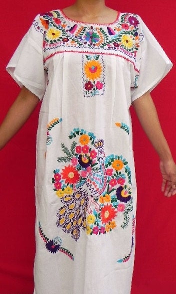 Mexican Long White Dress Very Special Colorful Peacock Embroidered Handmade Collection Spring / Summer Large