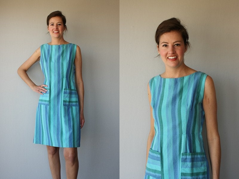 1960s sheath dress / sleeveless dress 60s vintage / striped dress / 60s day dress - size medium