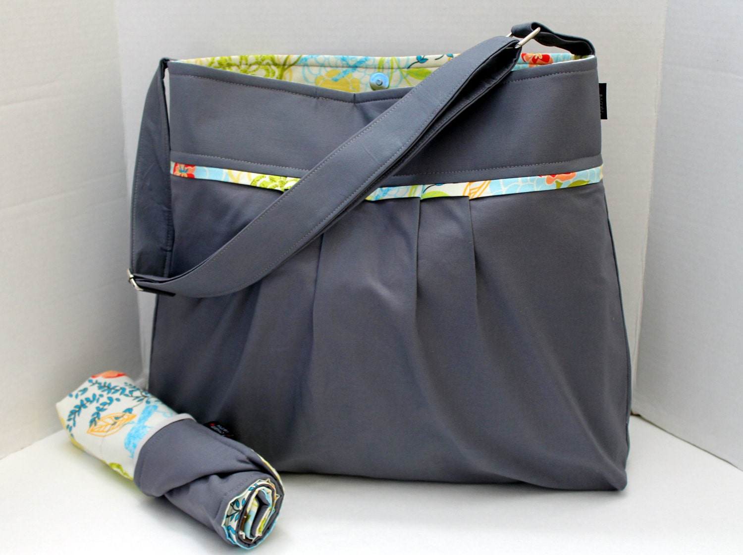 Monterey Large Diaper Bag Set - In Grey and Floral Birds - Adjustable Strap and Elastic Pockets