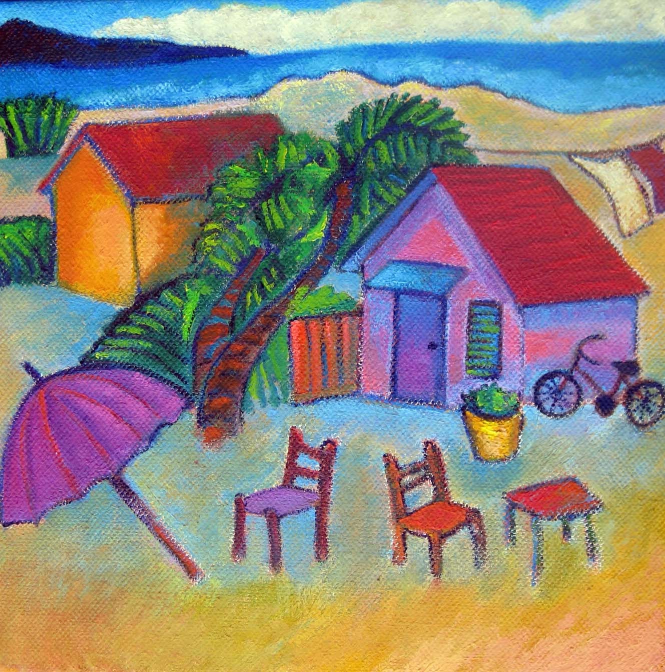 Colorful original beach painting with bright colors and umbrella