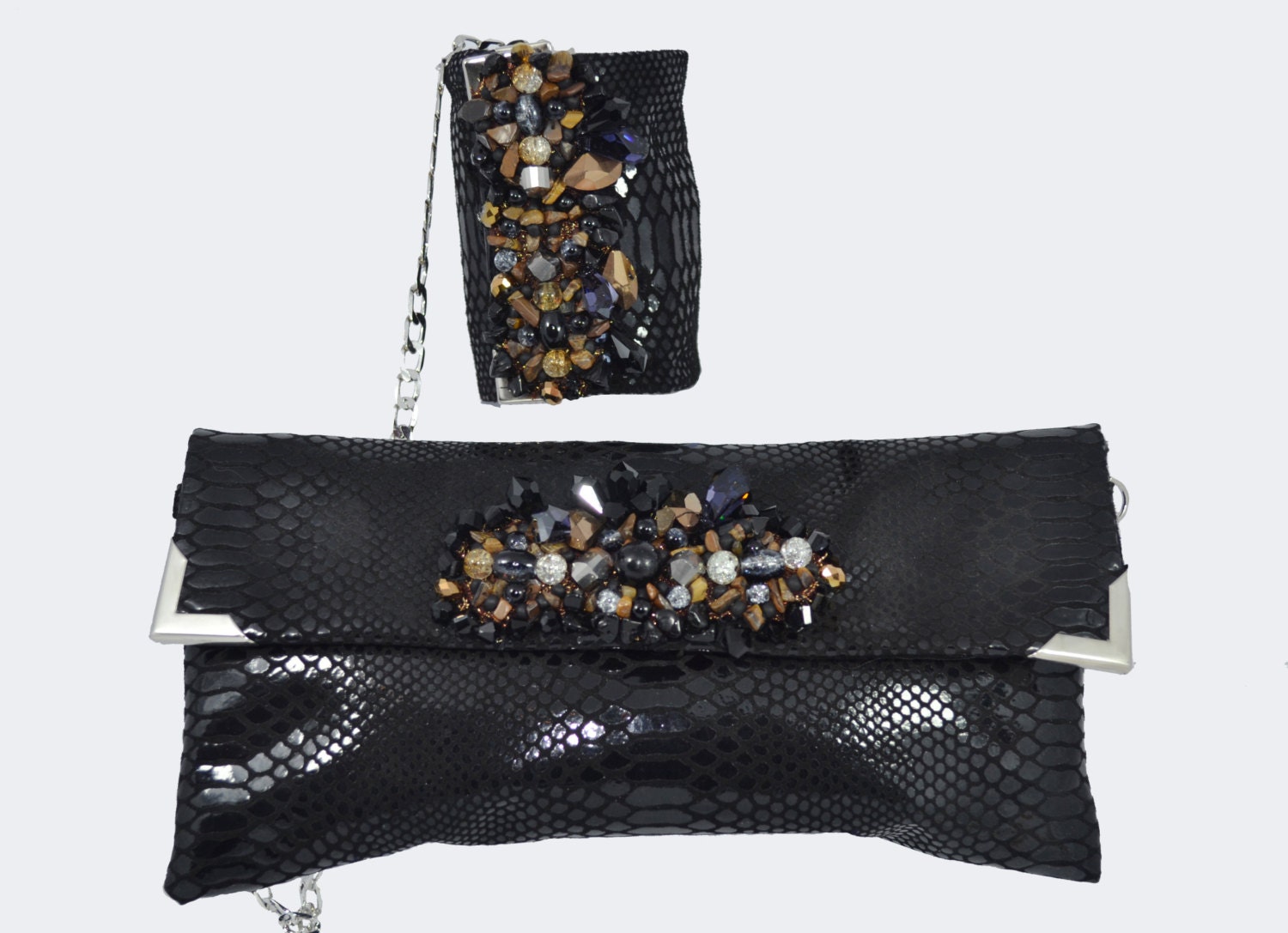 Black Evening Purse-  Snakeskin Leather Cuff Clutch
