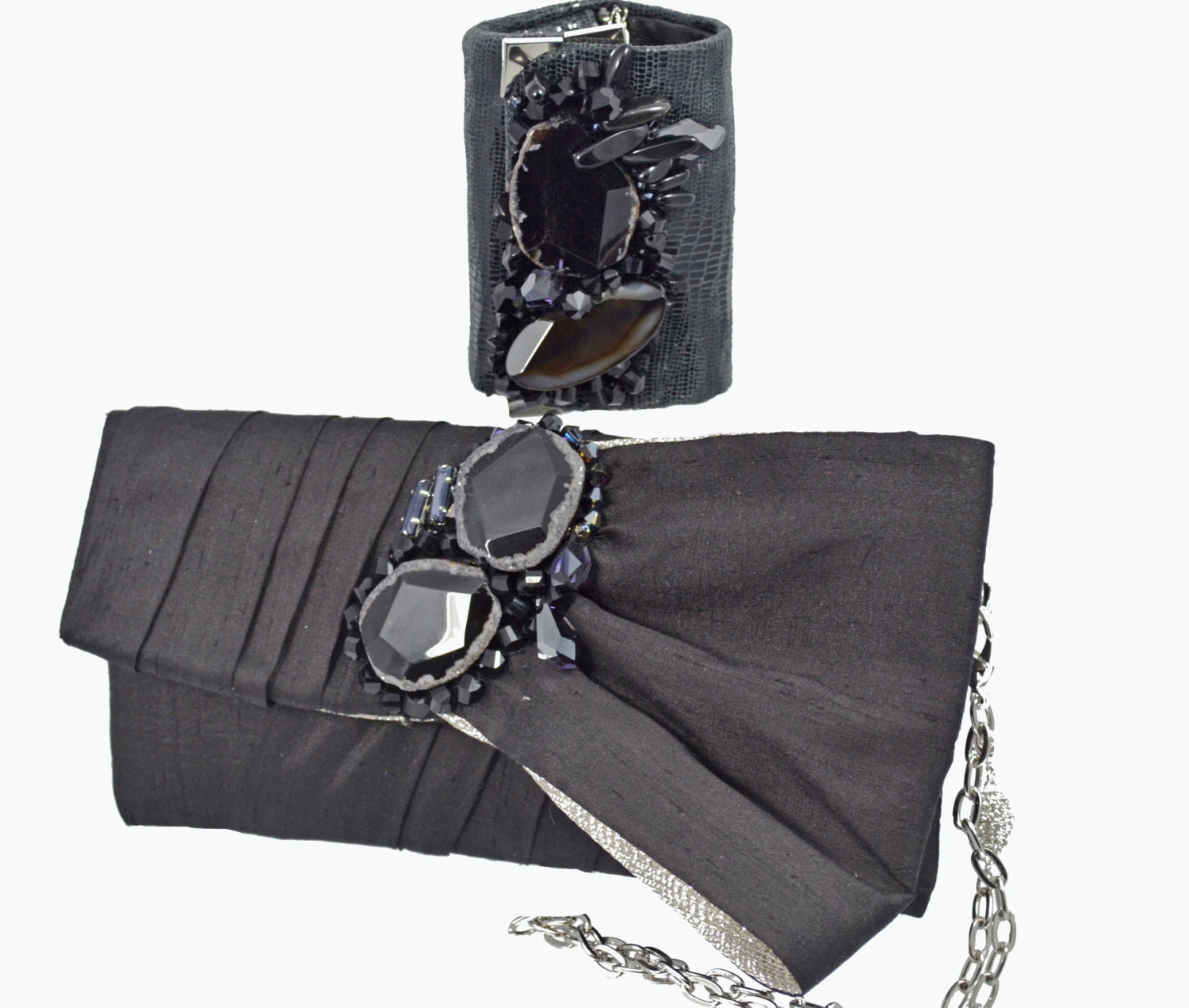 Silk Black Evening Clutch - Leather Cuff