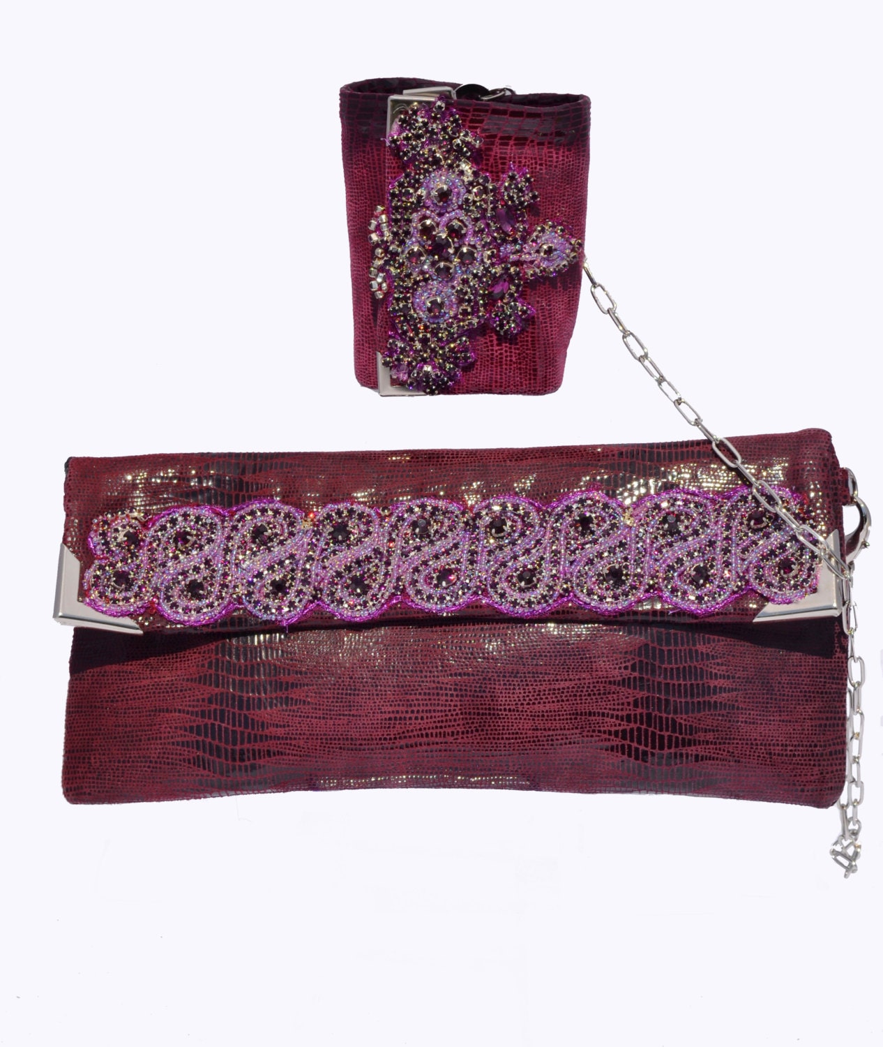 Burgundy Red Cuff Wrist Wallet- snakeskin leather
