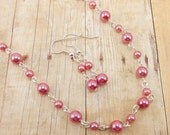 Necklace and Earring Set - Medium Pink Glass Pearls - Mauve