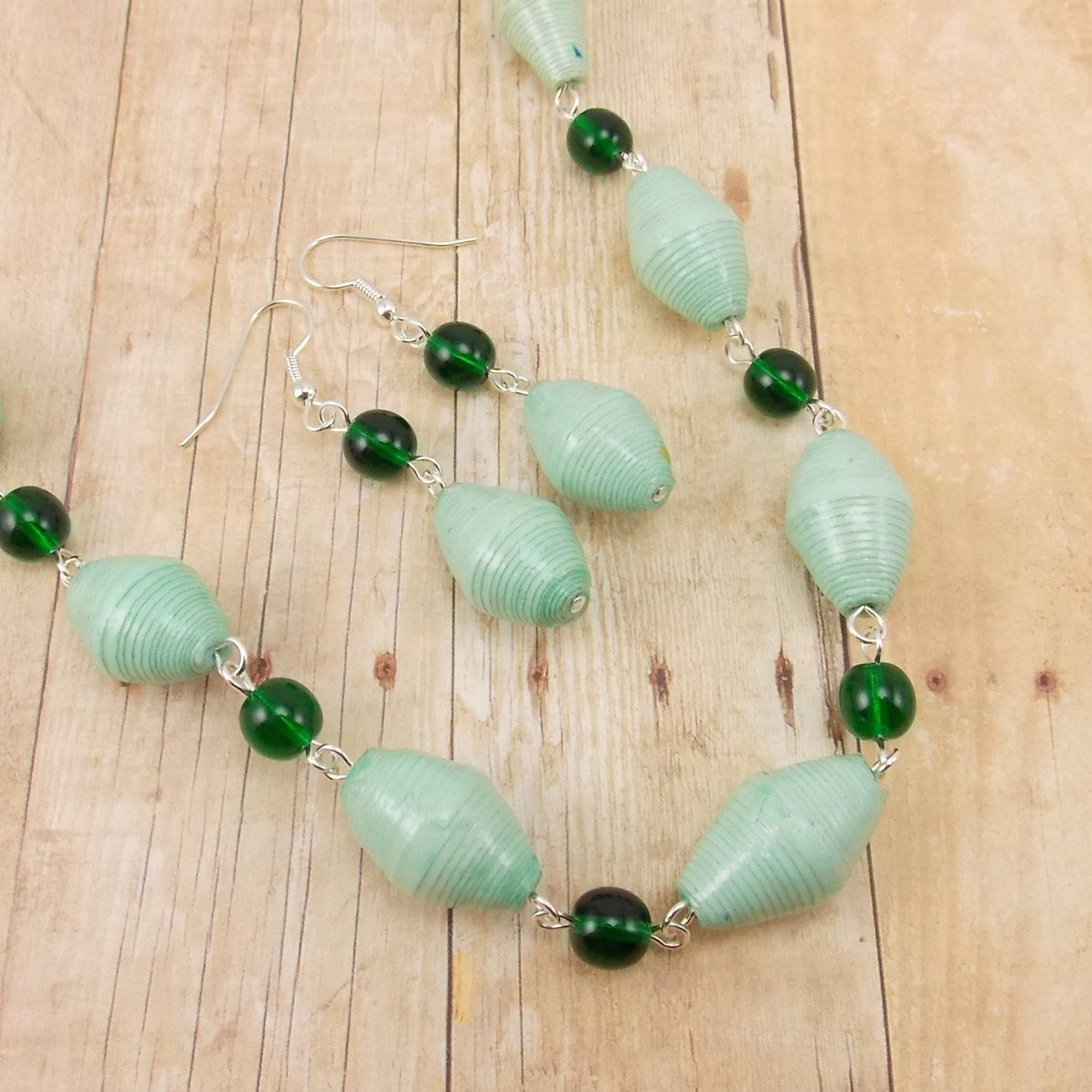 Paper Bead Necklace and Earring Set - Rwandan Paper Beads - Light Green with Emerald Green and Silver