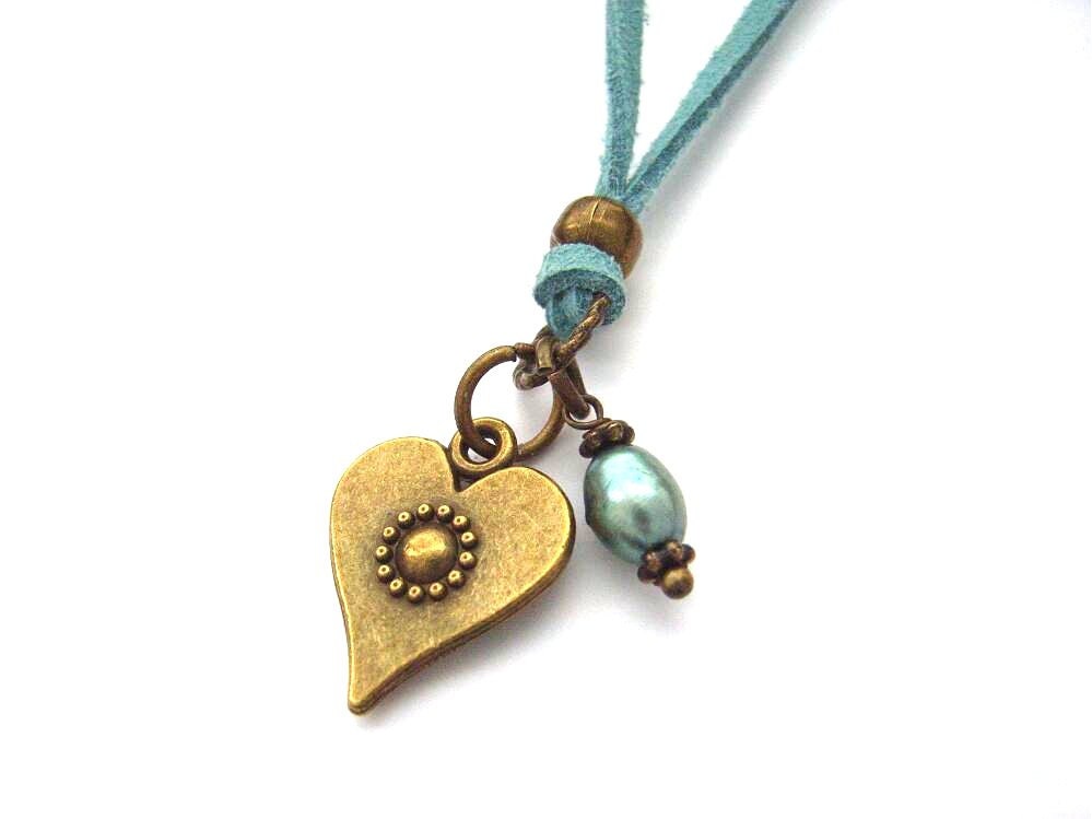 Vintage style bronze heart charm cord necklace with freshwater pearl teal green cord