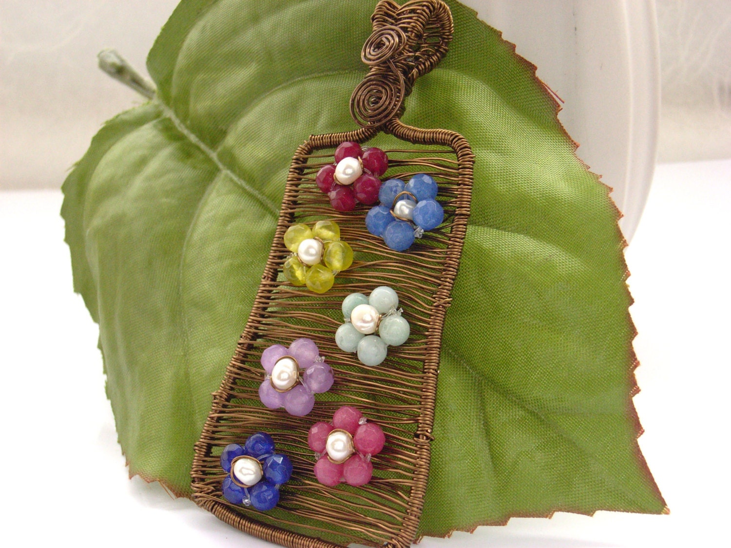Necklace wire work and beads Field of flowers