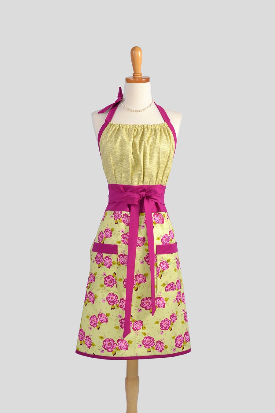 Cute Kitsch Retro Apron - Handmade Full Womens Chef Apron in Sonoma Magenta Rose Floral with Soft Green