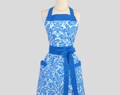 Womens Bib Full Apron . Full Kitchen Handmade Apron in Blue and White Print Perfect for Monogram or Personalization