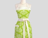 Womens Bib Full Apron / Personalize or Monogram this Handmade Retro Kitchen Apron for a Perfect Gift in Lime Green and Ivory Damask