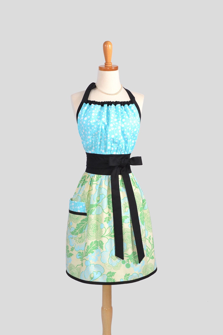Cute Kitsch Retro Apron : Full Kitchen Womens Apron Handmade Amy Butler Midwest Modern Fresh Poppies Green with Aqua Flowers