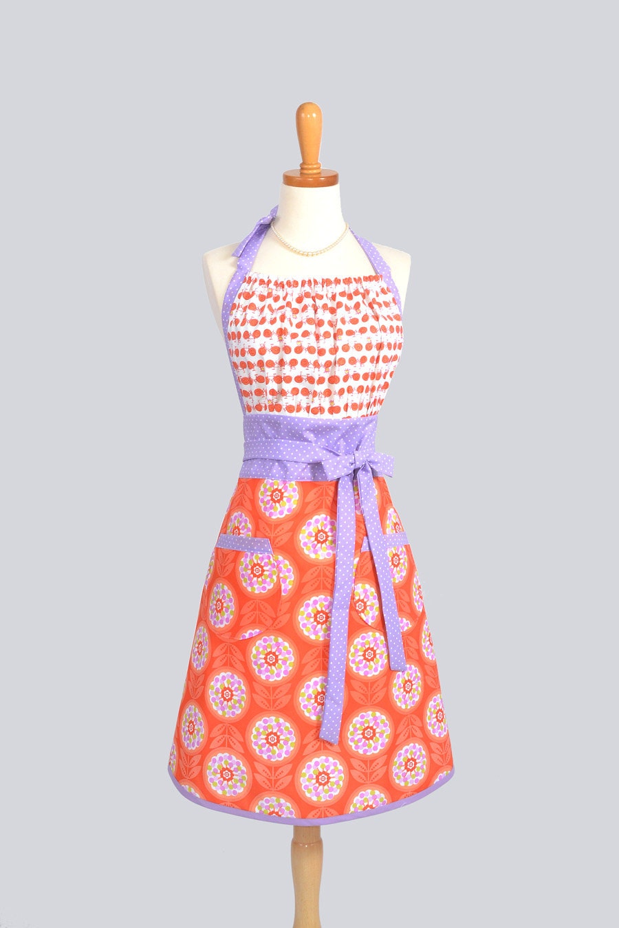 Cute Kitsch Retro Apron - Full Kitchen Apron in Orange Bicycles and Flowers