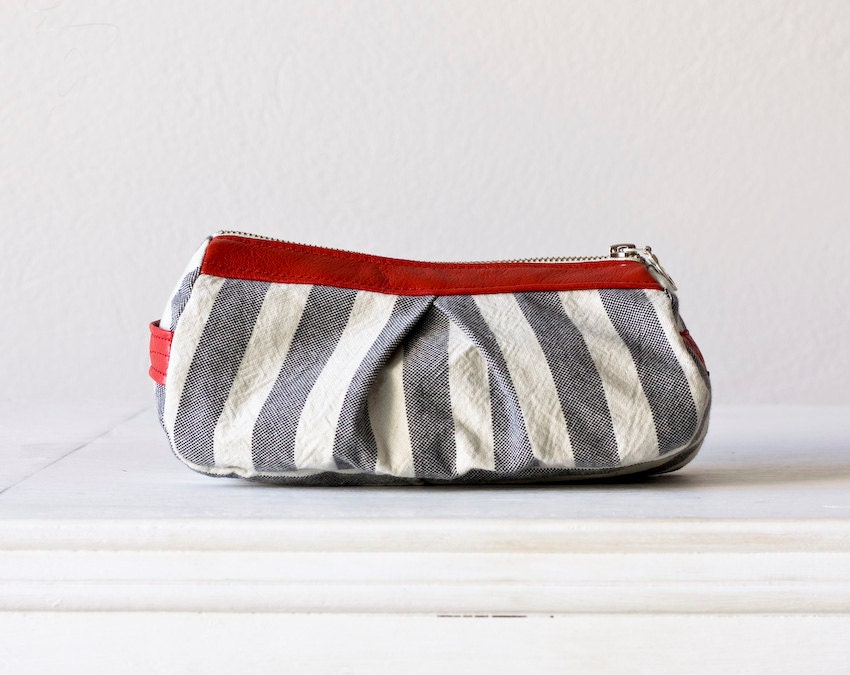 Stripe makeup bag  , cosmetics case  in   cotton canvas and Red leather