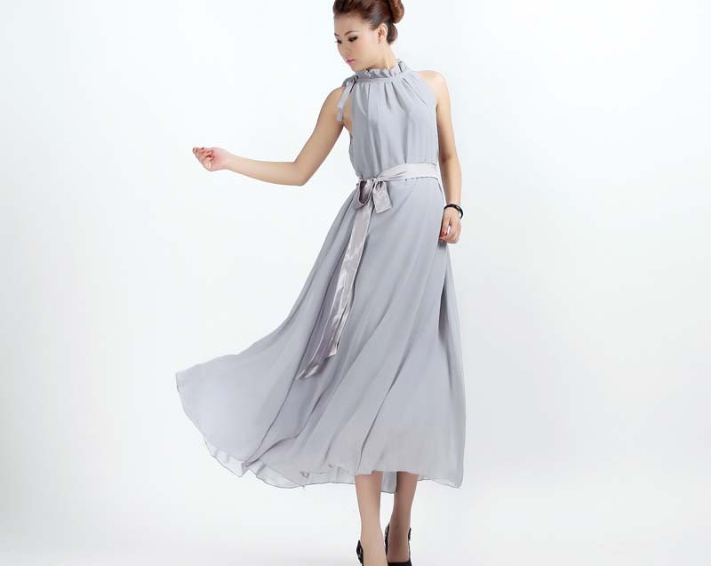 Gray chiffon maxi prom dress (0235)