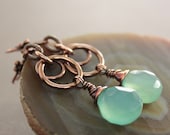 Luxurious seafoam copper earrings with faceted briolette chalcedony stones on hoops