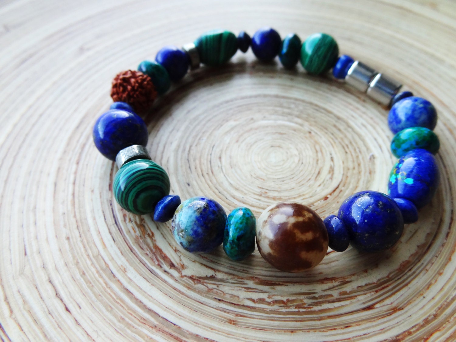 Elf Forest Nature Azurite Pyrite Malachite Lapis Buri Rudraksha Seed Wood Bracelet Magnet