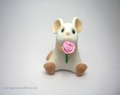 Little White Mouse with Pink Rose Valentines Mothers Day Ornament Cake Topper